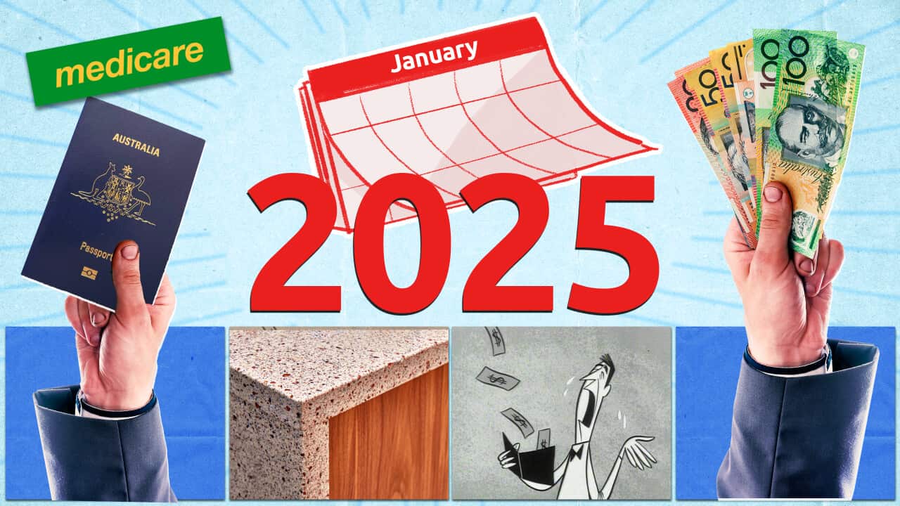 A collage featuring the word Medicare, a hand holding an Australian passport, currency notes in the other, with the year 2025 and a calendar in the centre, along with a cartoon of a surprised man and money flying into his wallet.