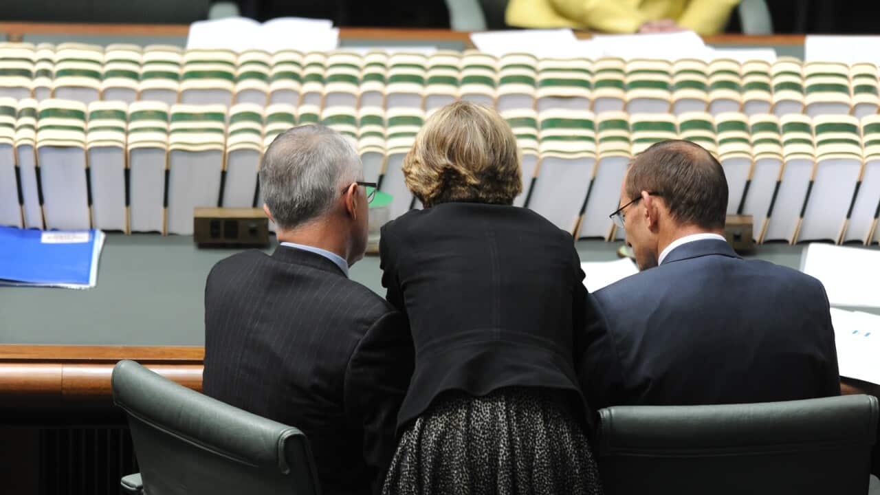 Malcolm Turnbull (left), Julie Bishop (centre) and Tony Abbott in discussion during House of Representatives question time at Parliament House Canberra, Monday, June 3, 2013.