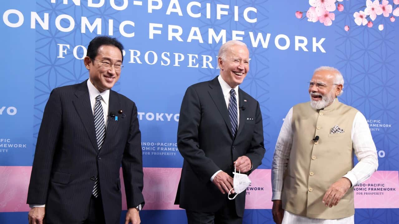 (Left to right) Japanese Prime Minister Fumio Kishida, US President Joe Biden and Indian Prime Minister Narendra Modi attend an event for the Indo-Pacific Economic Framework in Tokyo on 23 May 2022.
