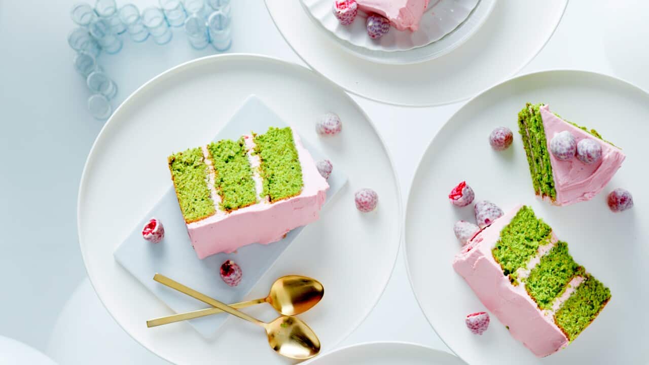 Pistachio cake with vanilla syrup and raspberry mascarpone