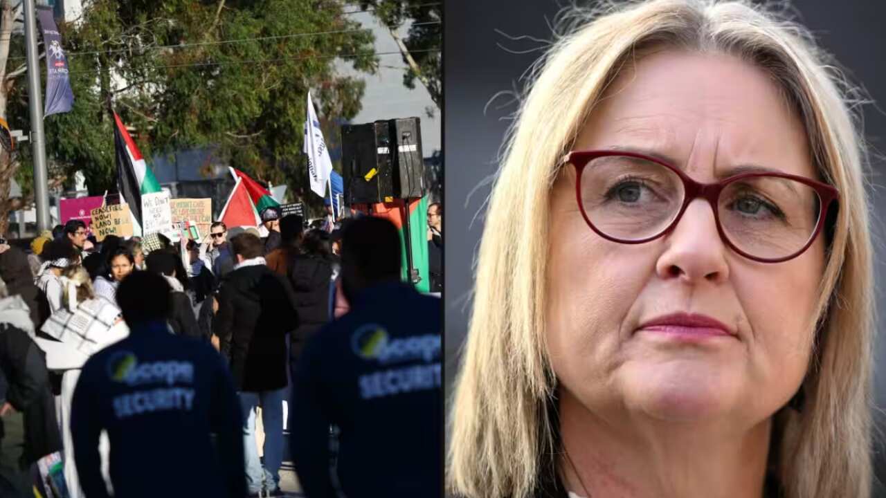 Security guards watching over protesters