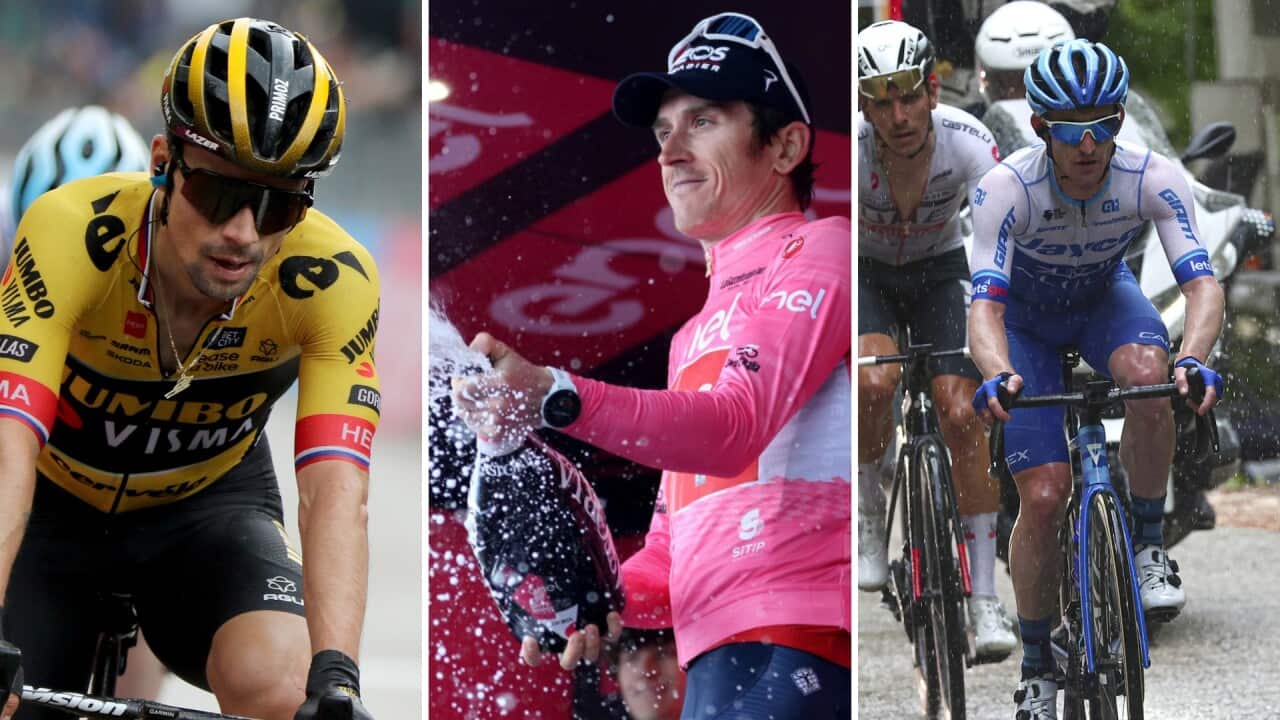 (L to R) Primoz Roglic, Geraint Thomas, Eddie Dunbar