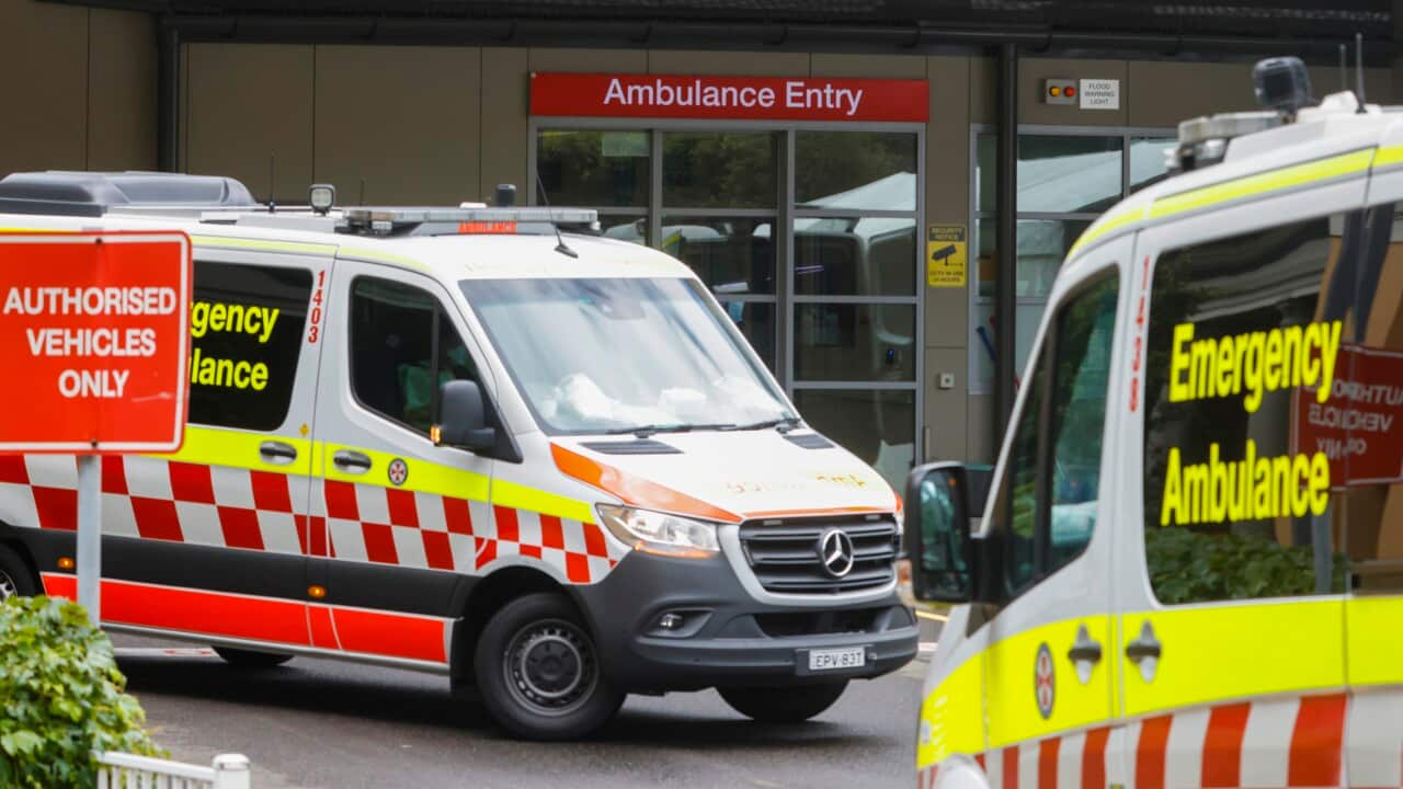 Two ambulances, one in the foreground and one slightly behind, are parked outside a building. The ambulances are white with yellow and red checkered stripes, and the words “Emergency Ambulance“ are visible on their sides.
