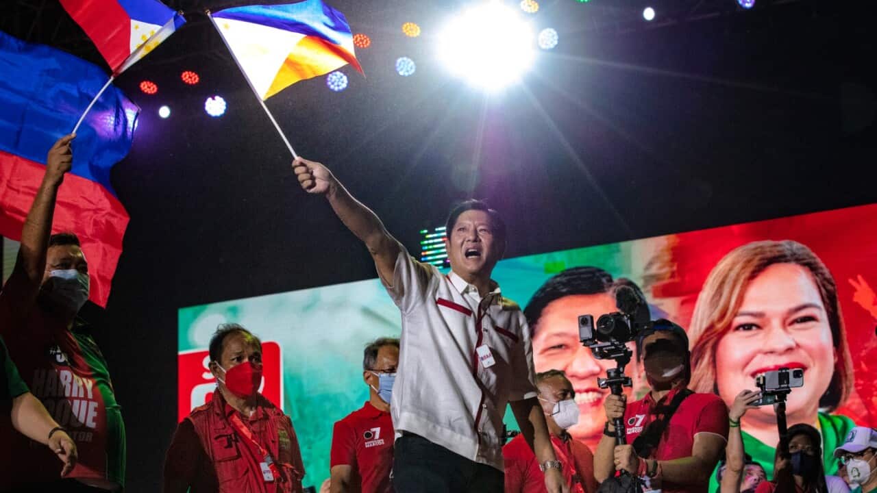 MANILA, PHILIPPINES - MAY 07: Ferdinand "Bongbong" Marcos Jr. waves a Philippine flag during his last campaign rally before the election on May 07, 2022 in Paranaque, Metro Manila, Philippines.