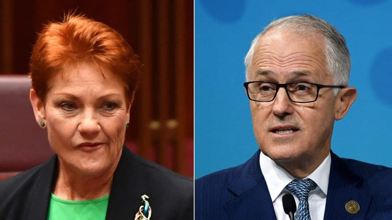 Composite image of One Nation leader pauline Hanson and Prime Minister Malcolm Turnbull 