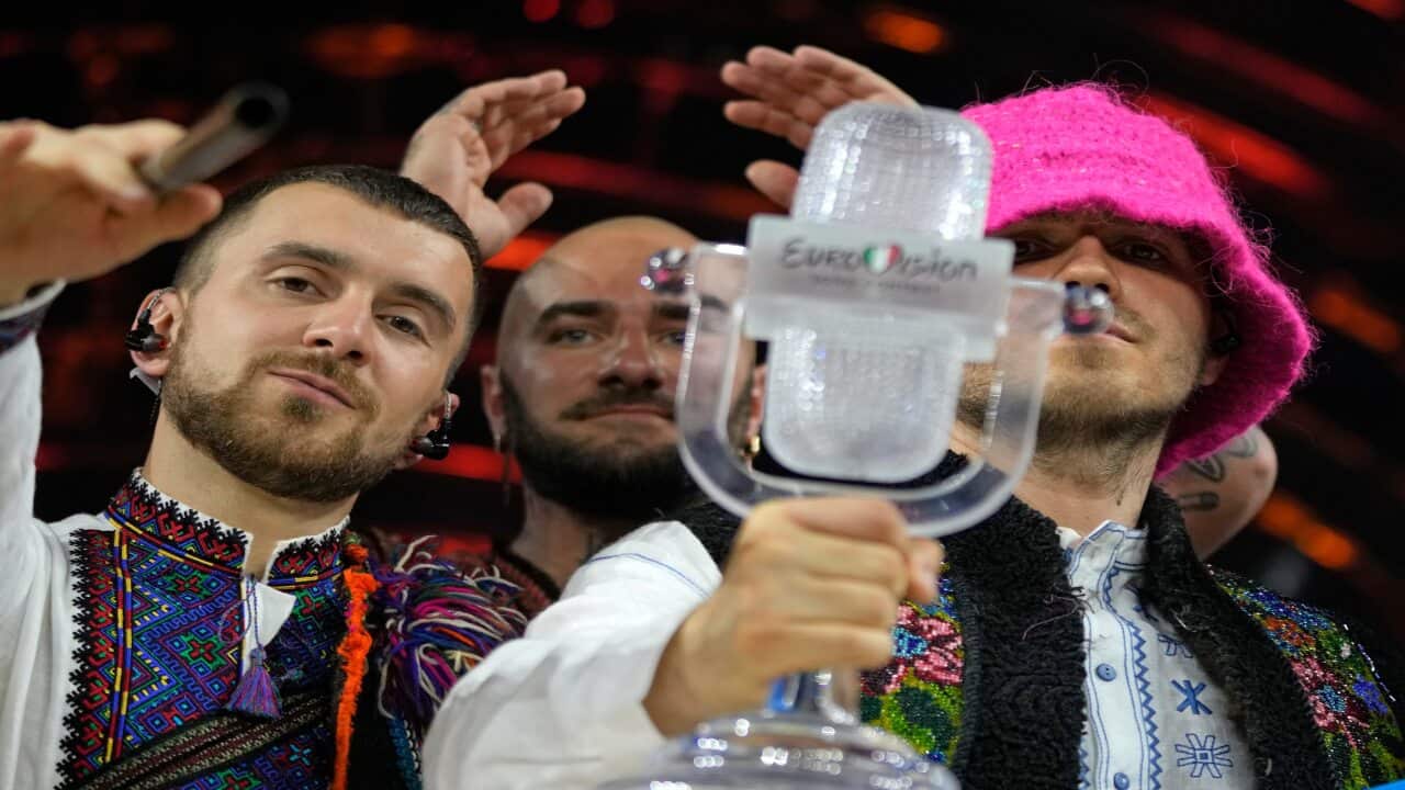 Members of the Kalush Orchestra from Ukraine winning the Grand Final of the Eurovision Song Contest Italy, Saturday, May 14, 2022. (AP Photo/Luca Bruno)