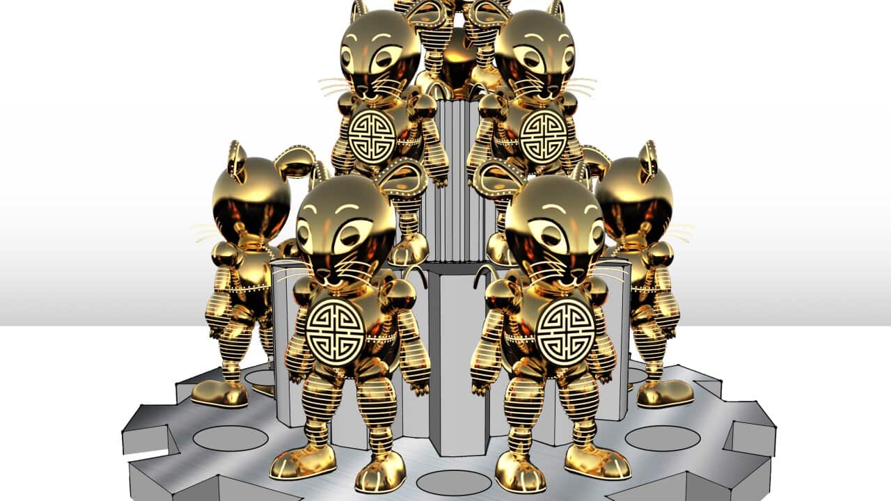 The artist's impression of golden mechanical Rats for Sydney Lunar Festival 2020, designed by Claudia Chan Shaw