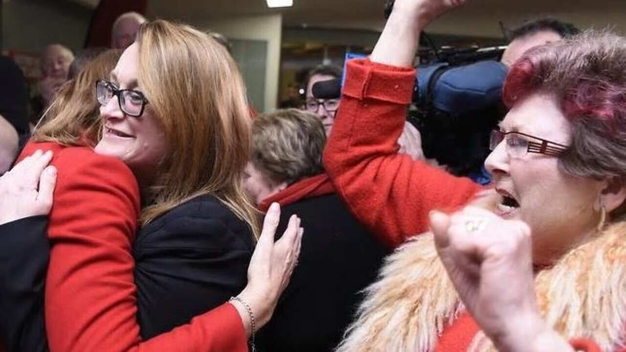 Labor candidate for Braddon Justine Keay celebrates her win with supporters. (AAP - 28 July 2018)