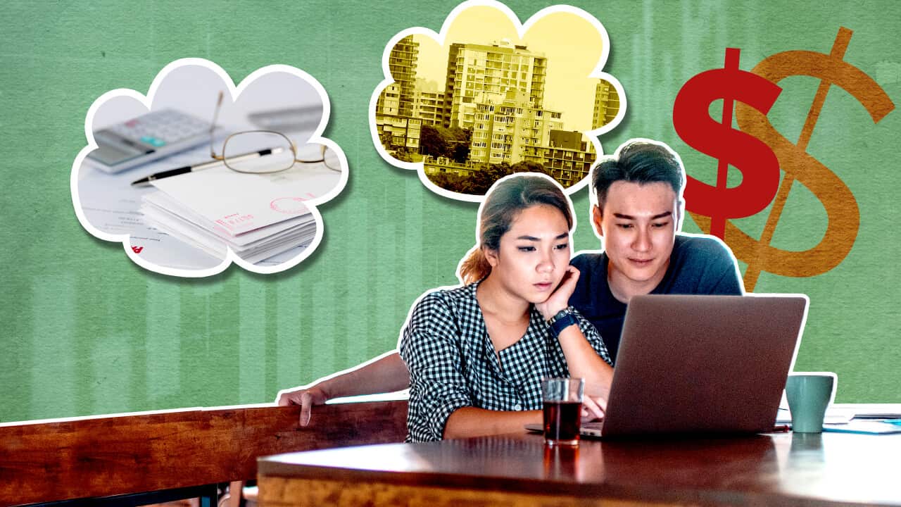 A stylised image featuring a man and a woman sitting at a table in front of a laptop, with dollar signs, buildings, documents, and a calculator motif in the background.