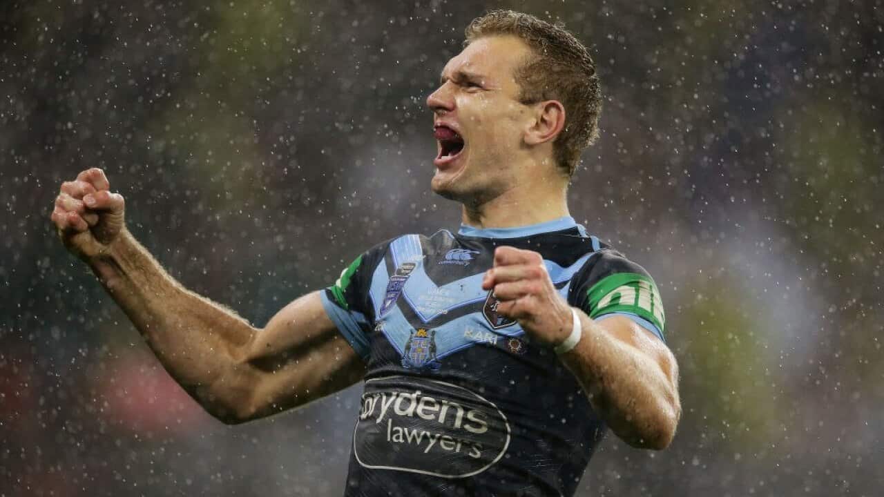 Tom Trbojevic celebrates a try during game two of the 2019 State of Origin series.