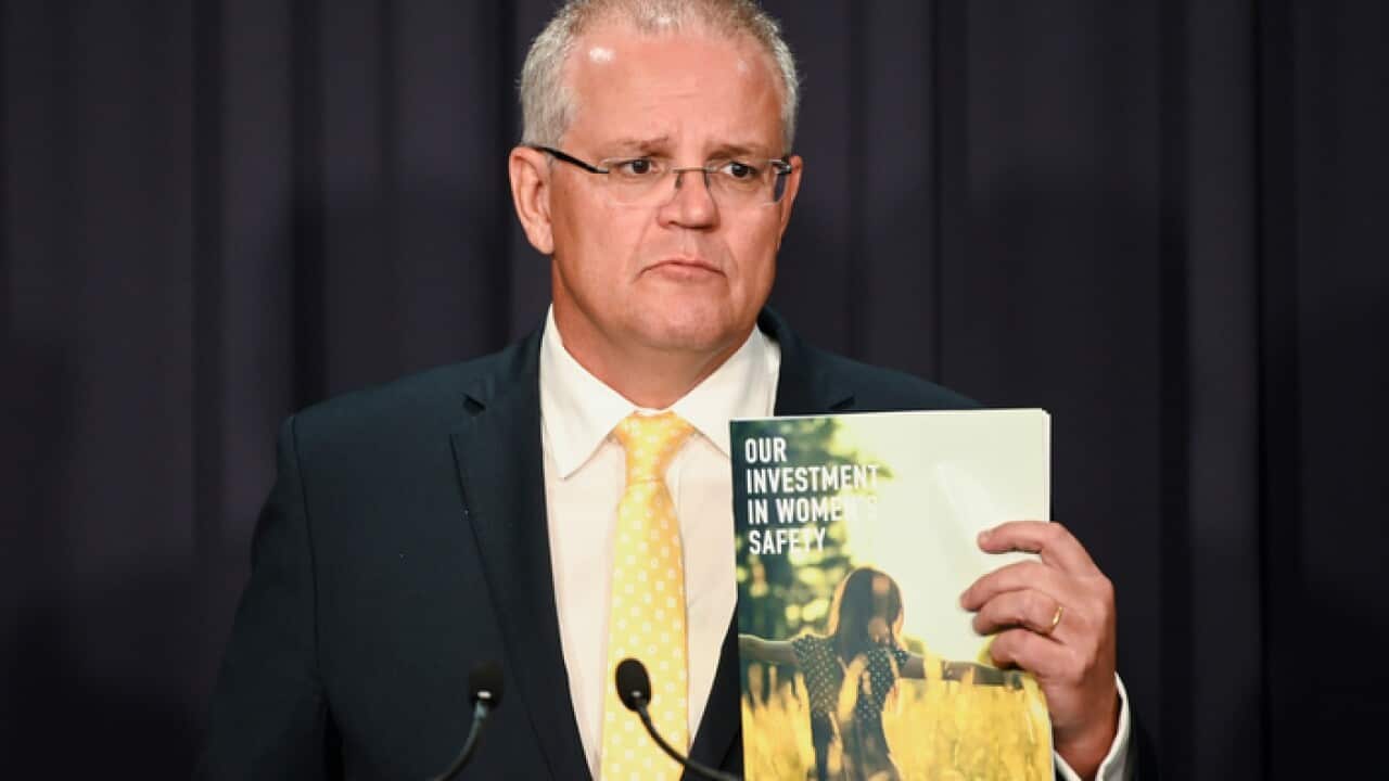 Prime Minister Scott Morrison speaks to the media about Coalition's anti-violence package