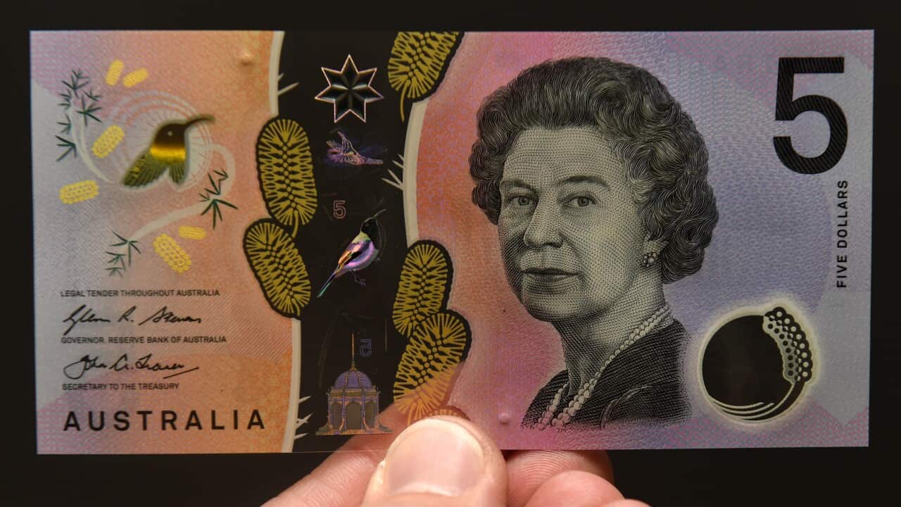 A hand holds up a purple five-dollar note.