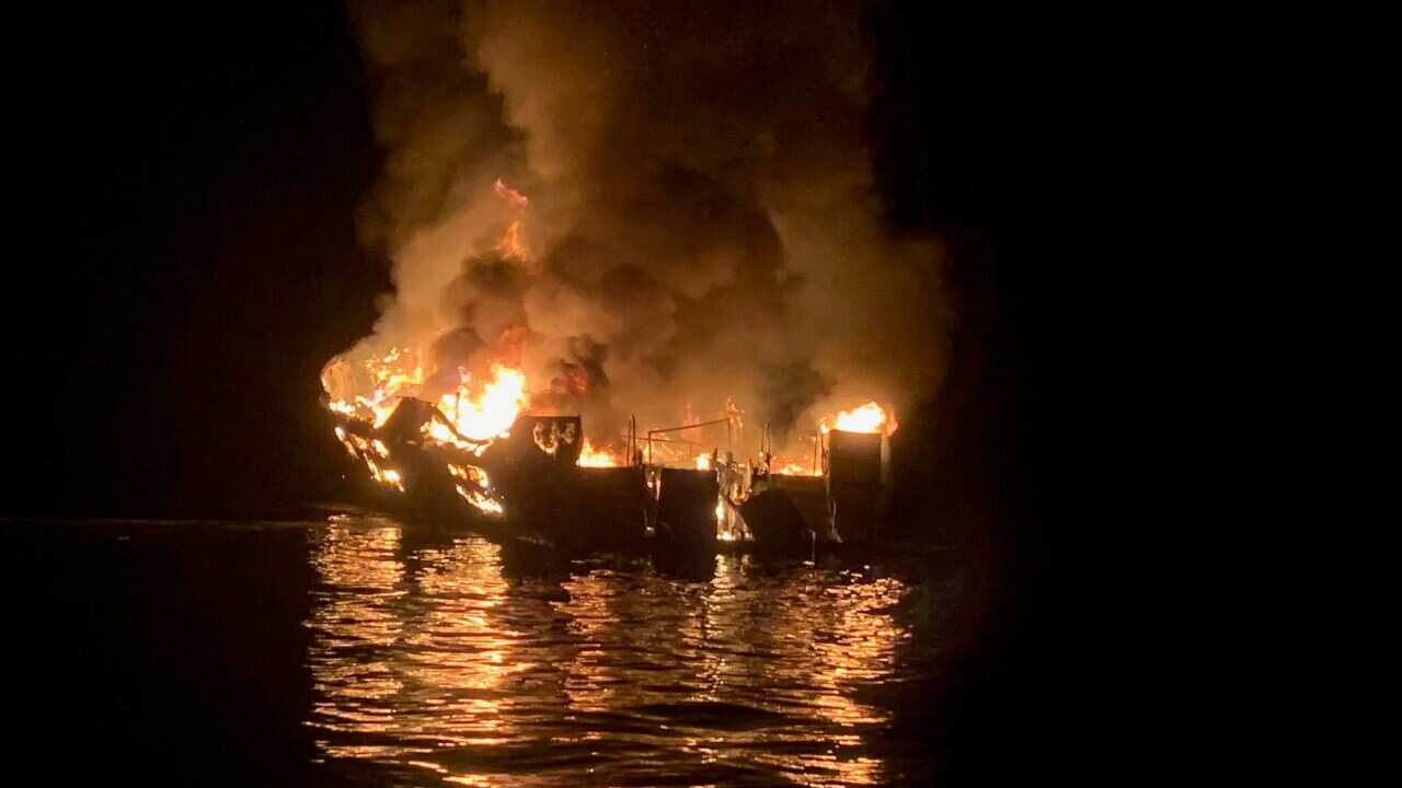 The Conception on fire off the north side of Santa Cruz Island, California