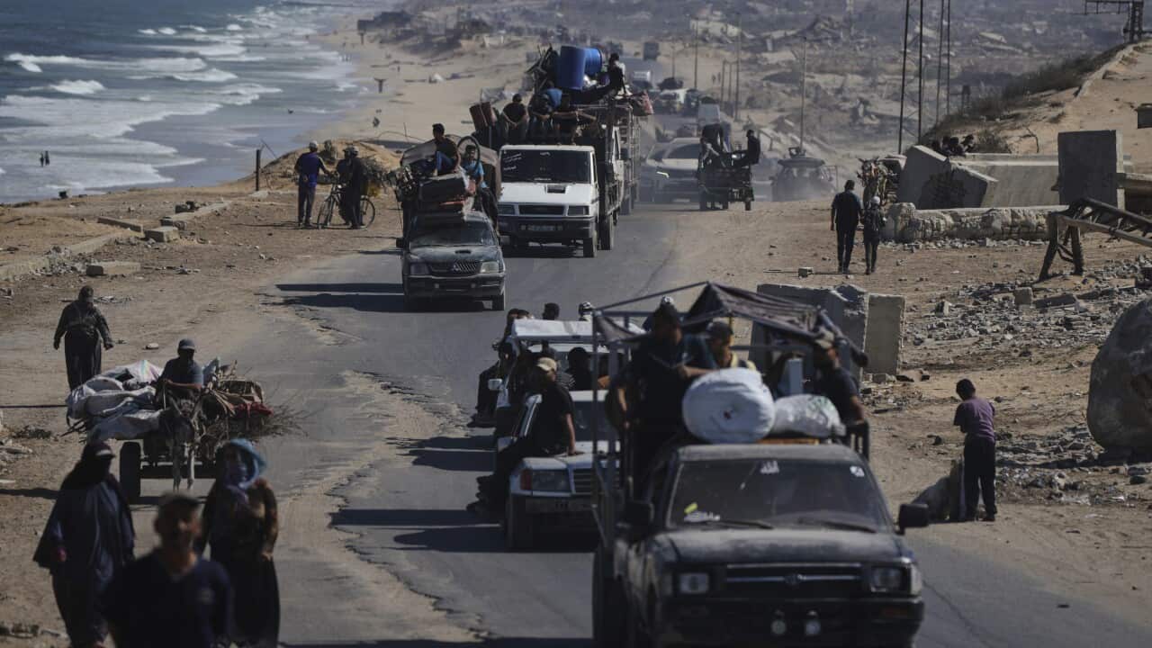 A line of vehicles driving down a road.