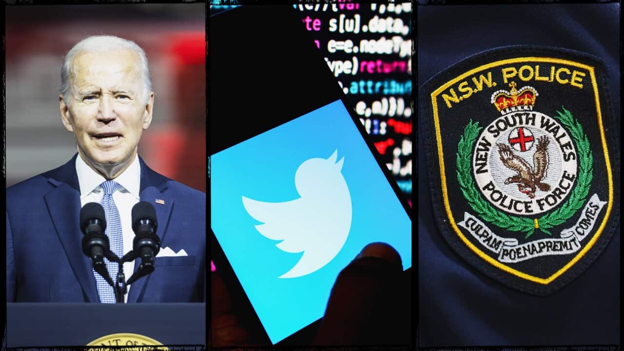 Composite image of Joe Biden (left), Twitter logo (centre) and NSW Police emblem (right).