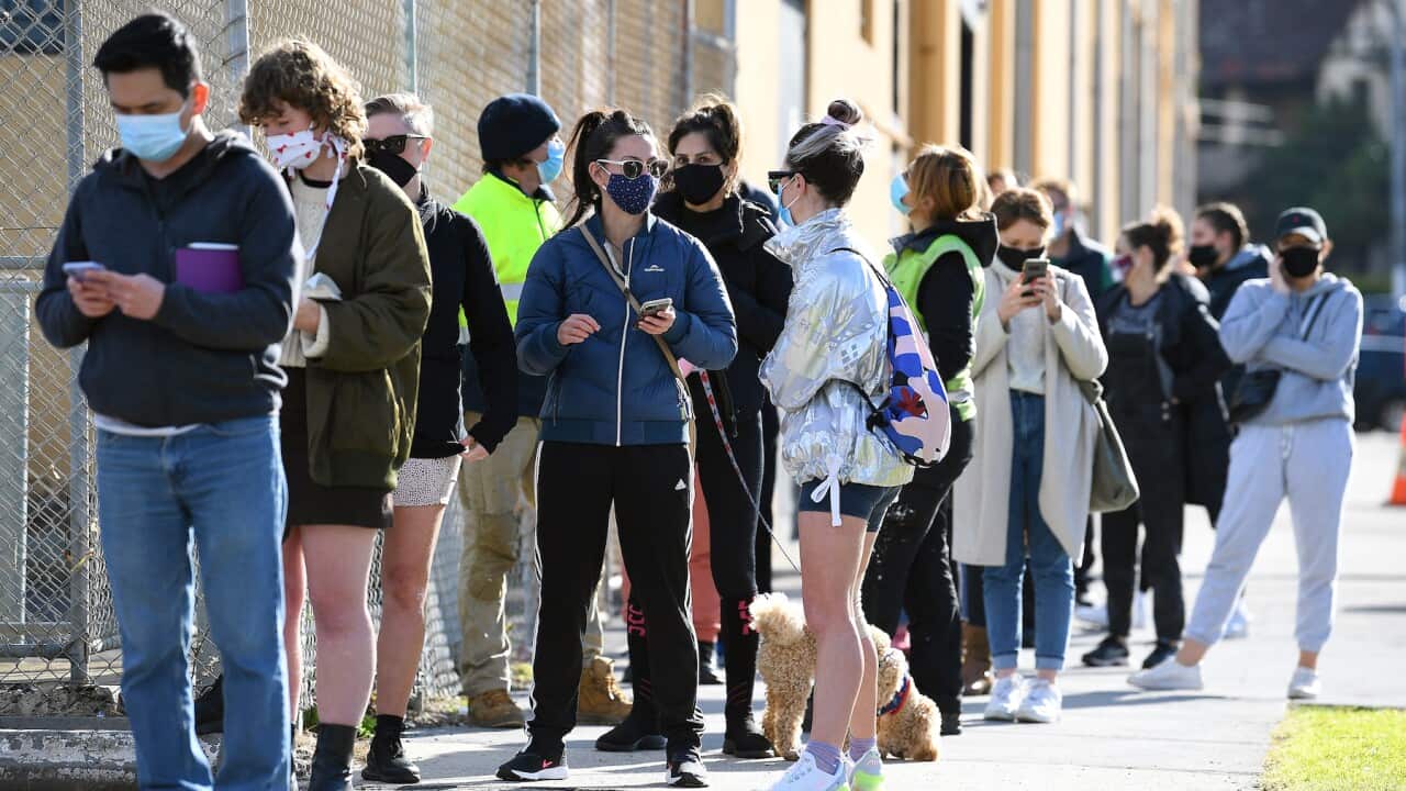 outside of the Palais Theatre at a pop-up COVID-19 testing facility in St Kilda, Melbourne, Thursday, August 19, 2021.