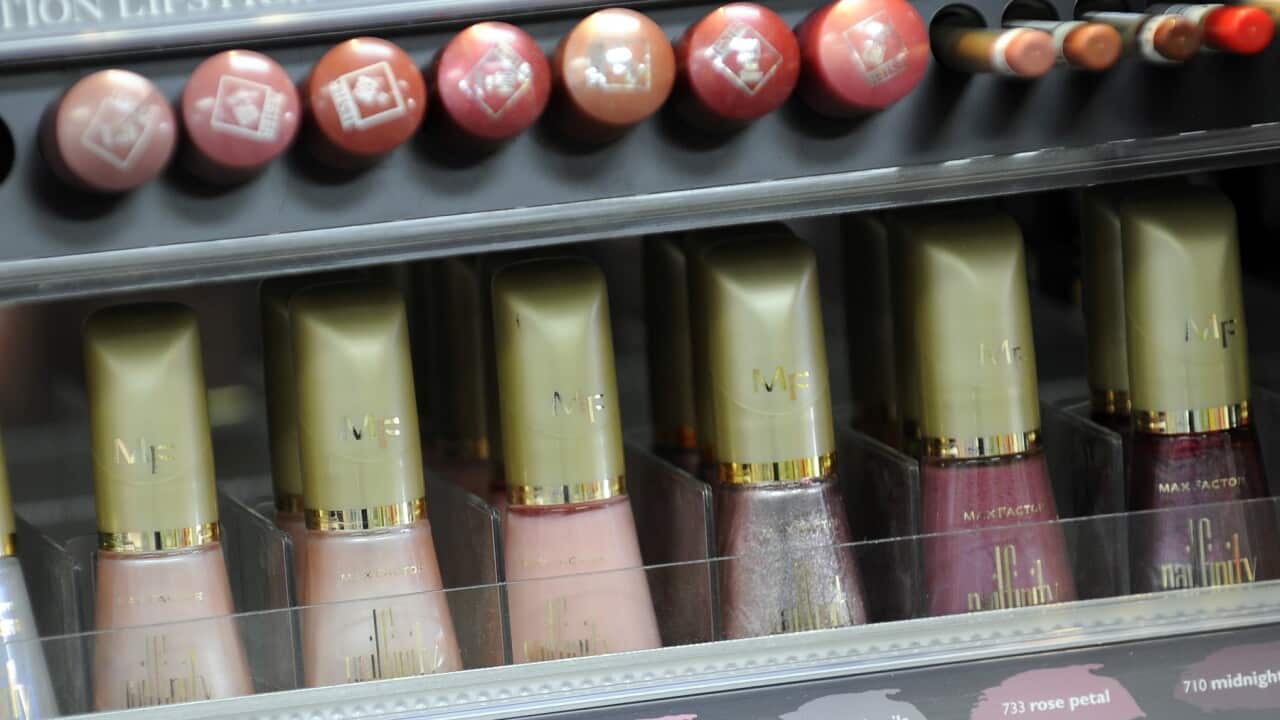 Women's cosmetic products are pictured on display in a pharmacy in Melbourne.