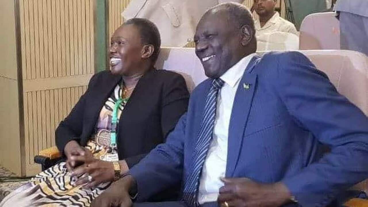 Minister Michael Makuei Lueth and Angelina Teny