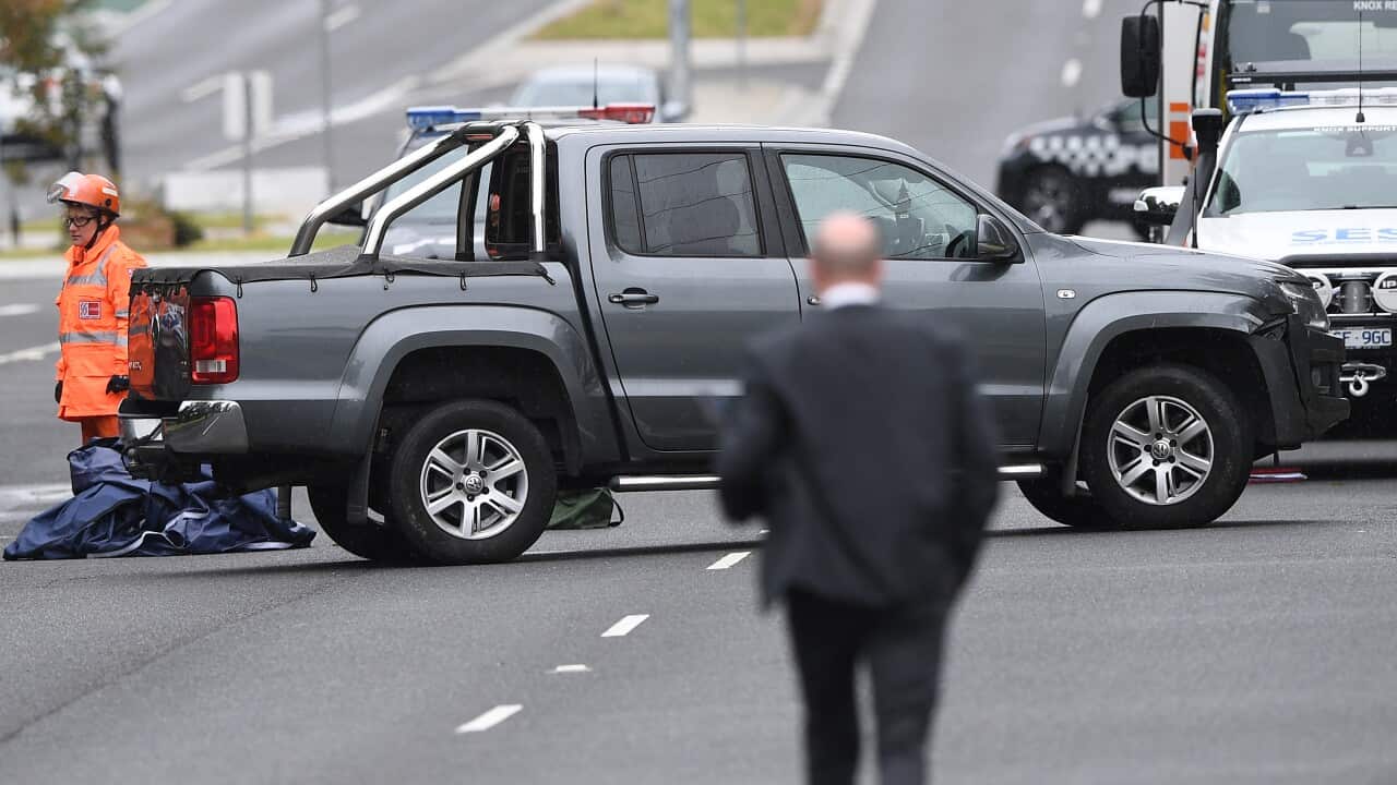 An SUV is seen on The Mountain Highway in Bayswater in Melbourne, Saturday, November 9, 2019.  A man was found dead in a van on the Eastlink Freeway afer an overnight shooting. (AAP Image/Julian Smith) NO ARCHIVING