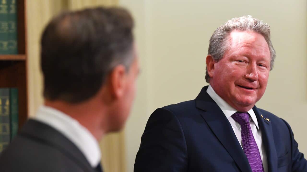 Andrew Forrest (right) at the Commonwealth Parliamentary Offices in Melbourne, Wednesday, April 29, 2020. 