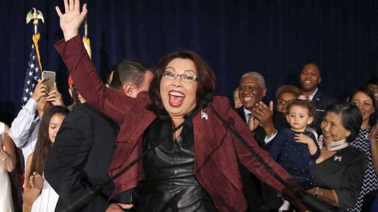 Sen.-elect Tammy Duckworth, D-Ill., celebrates her win over incumbent Sen. Mark Kirk, R-Ill., during her election night party, Tuesday, November 8, 2016.