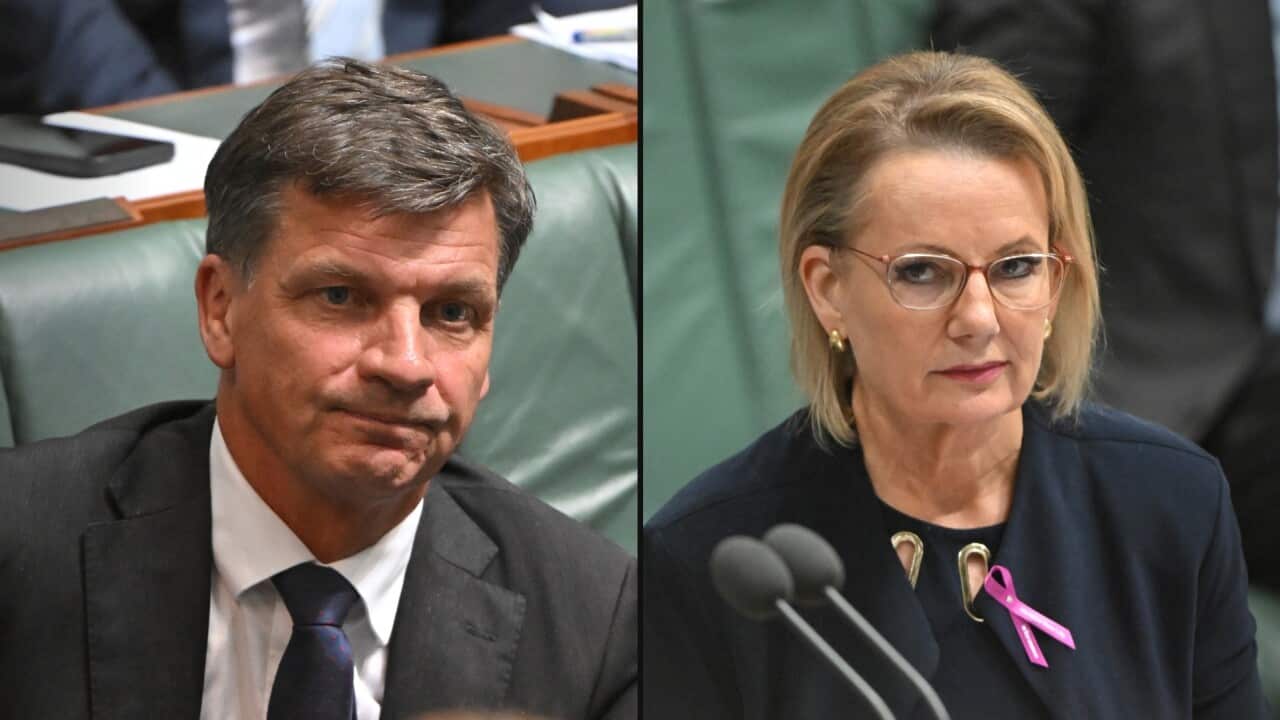 A split image of a man and a woman looking stern.