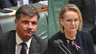 A split image of a man and a woman looking stern.