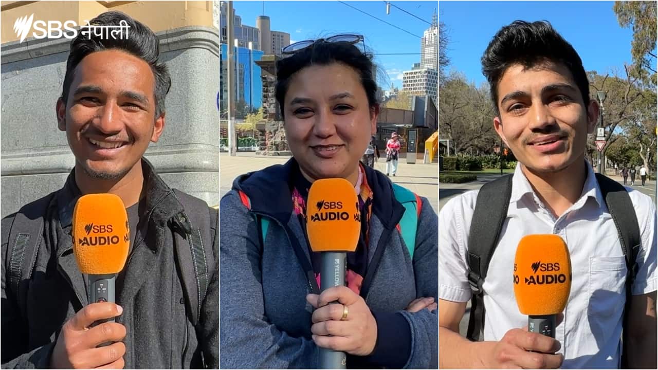 (From left to right) Rahul Malla, Namrata Baiju and Madhav Khadka talk to SBS Nepali about 'R U OK?' day.