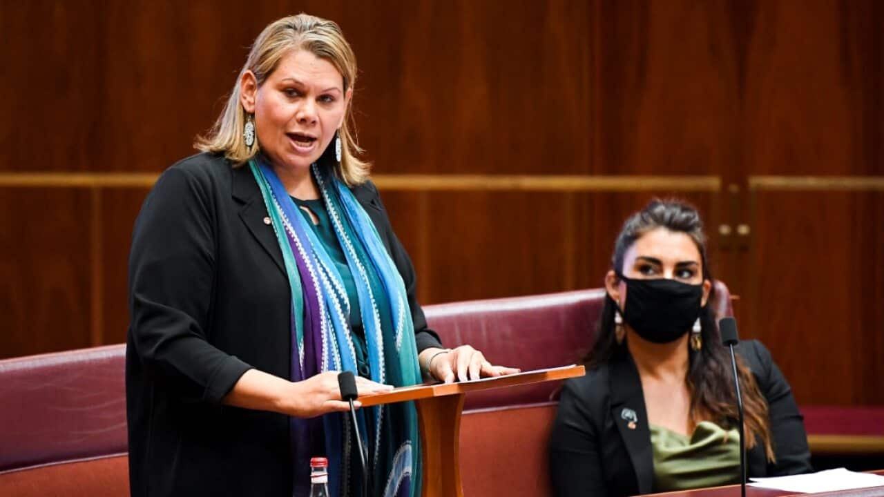 Greens Senator Dorinda Cox delivers her maiden speech in the Senate at Parliament House in Canberra.