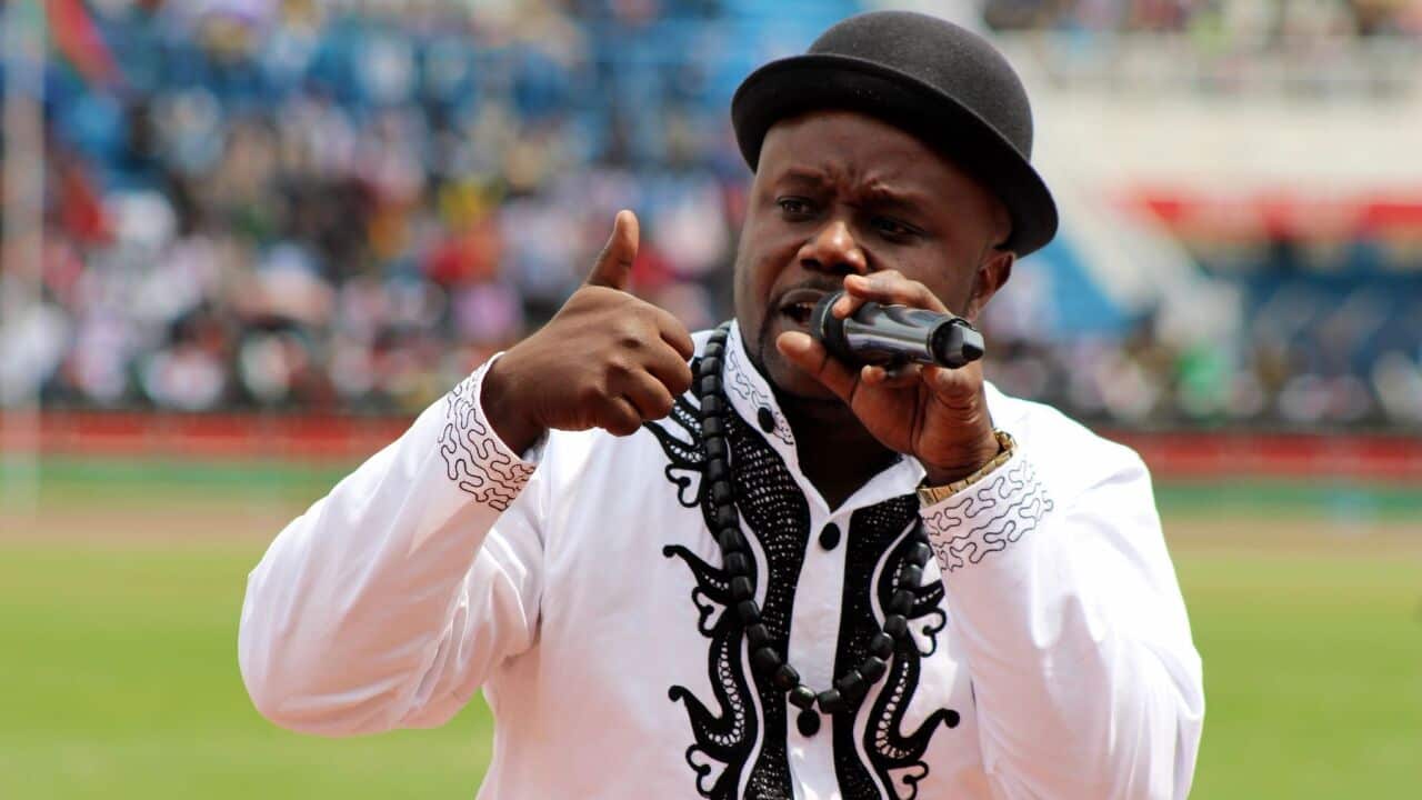 Burundian singer Jean Pierre Nimbona sings a song during the celebrations of Jamhuri Day at Nyayo National Stadium in Nairobi, Kenya.