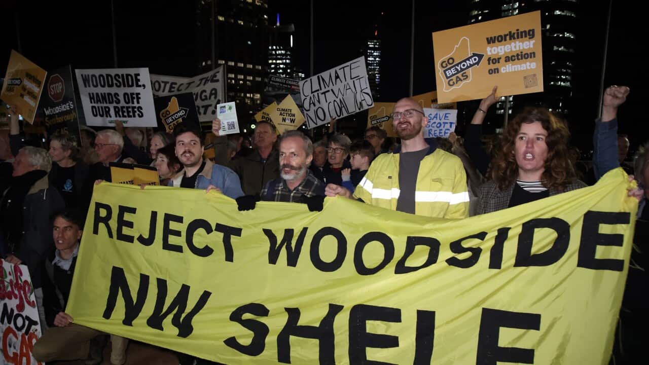 Manifestanti a favore dell'ambiente contro la decisione del governo di approvare le nuove estensioni del North West Shelf Gas Project nel Western Australia.