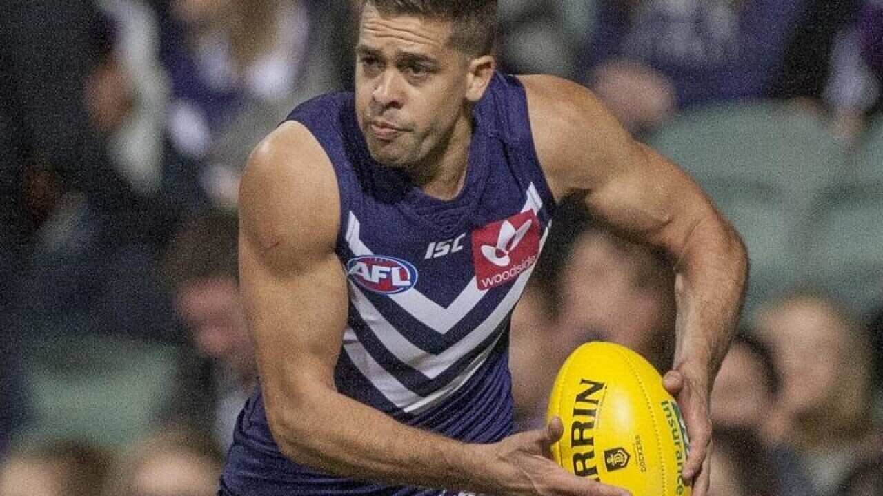 Stephen Hill of the Dockers runs with the ball.