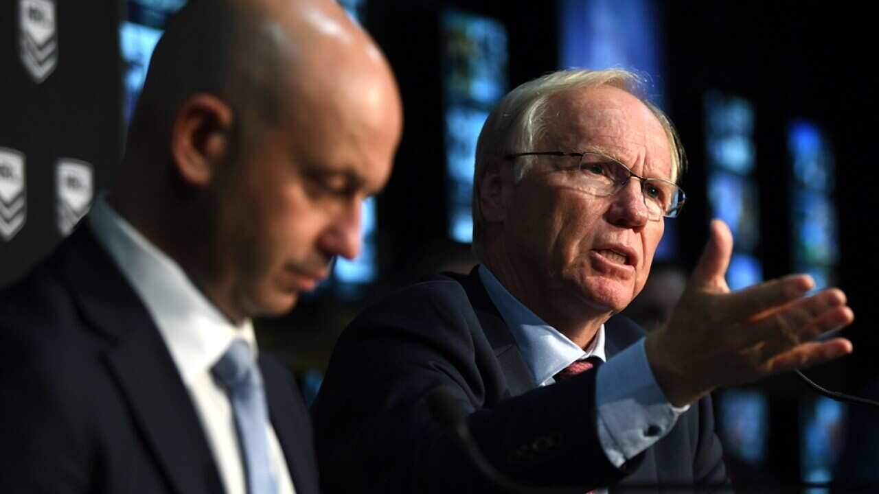 Australian Rugby League Commission Chairman Peter Beattie (right) and NRL Chief Executive Todd Greenberg speak to the media in Sydney