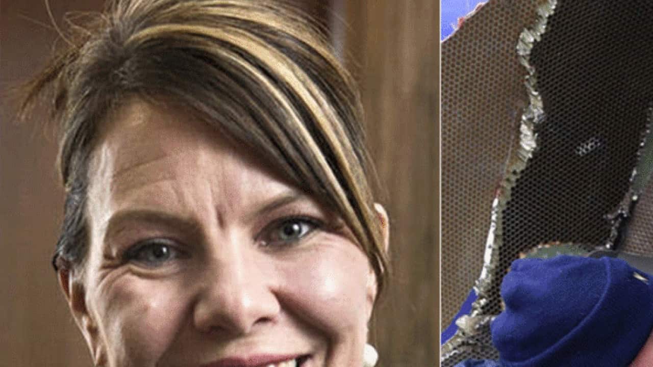 Jennifer Riordan (L) and an image of the plane being inspected after the engine exploded. 