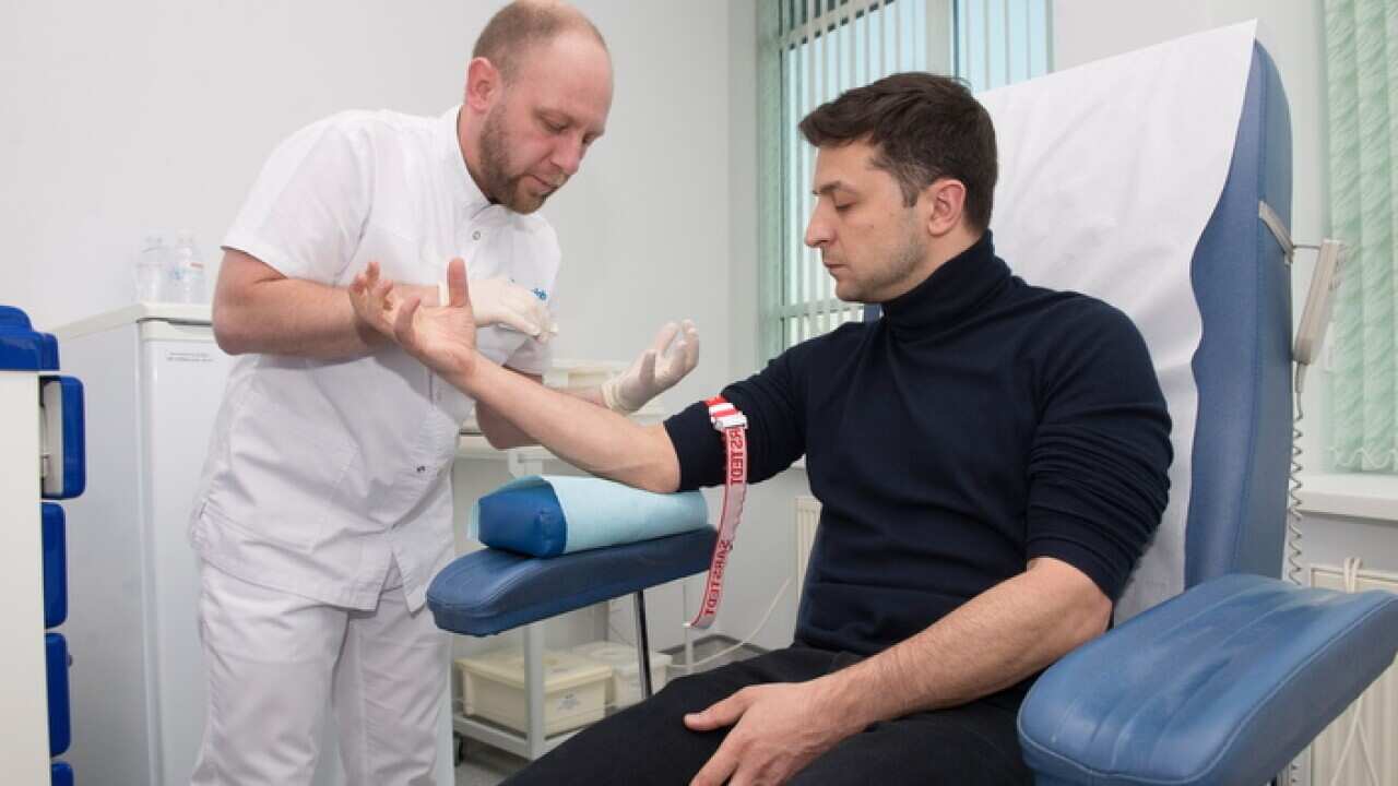 Volodymyr Zelenskiy undergoes a mandatory drugs and alcohol test prior to taking part in a policy debate