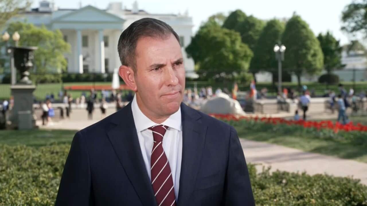 Treasurer Jim Chalmers giving a press conference in front of the White House. (SBS).jpg