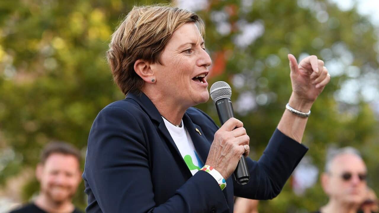 Christine Forster talks at a rally.