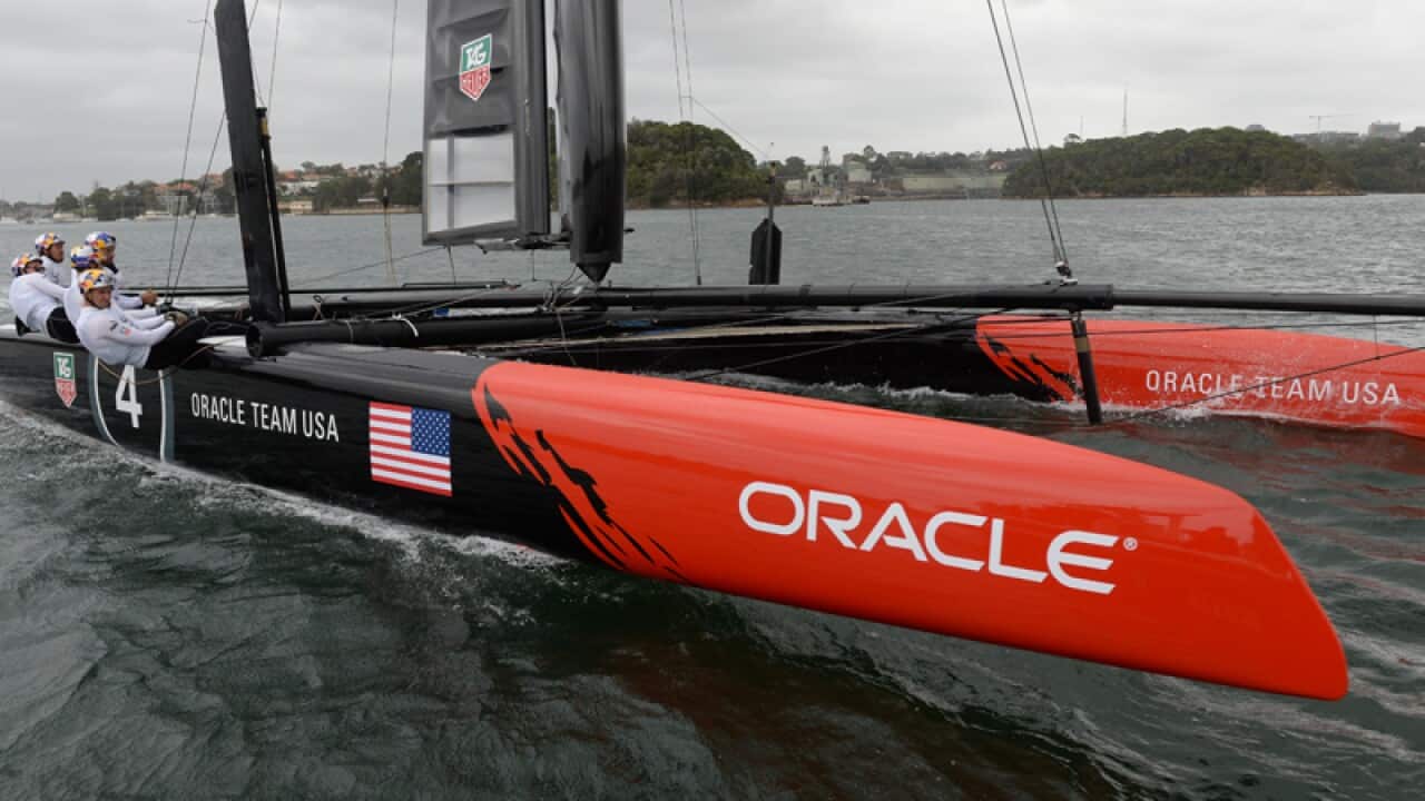 Oracle Team USA during a training run on Sydney Harbour