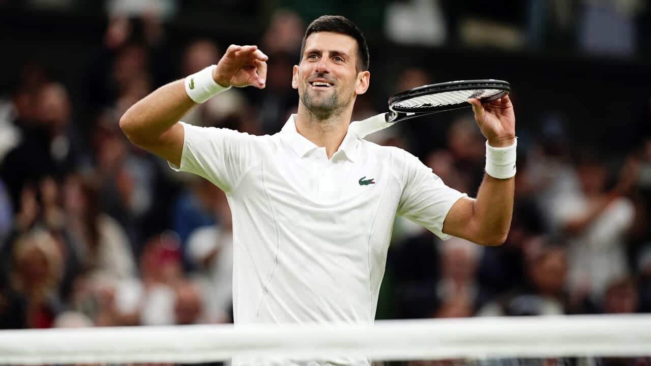 Novak Djokovic celebrates following victory over Alexei Popyrin (not pictured) on day six of the 2024 Wimbledon Championships at the All England Lawn Tennis and Croquet Club