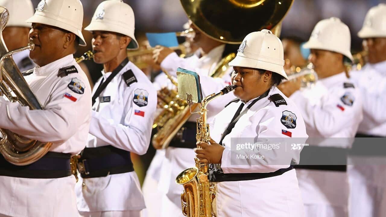 APIA, SAMOA - SEPTEMBER 05: The Samoa police band perform during the 2015 Commonwealth Youth Games Opening Ceremony at Apia Park on September 5, 2015 in Apia, Samoa. (Photo by Mark Kolbe/Getty Images)