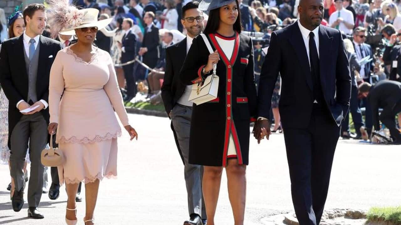 Oprah Winfrey and Idris Elba among the wedding guests arriving.