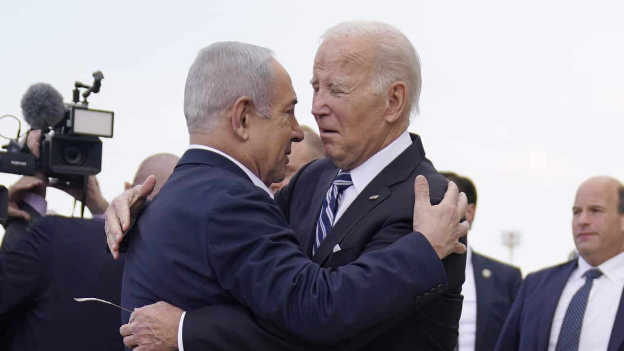 President Joe Biden is greeted by Israeli Prime Minister Benjamin Netanyahu after arriving at Ben Gurion International Airport, Wednesday, Oct. 18, 2023, in Tel Aviv.