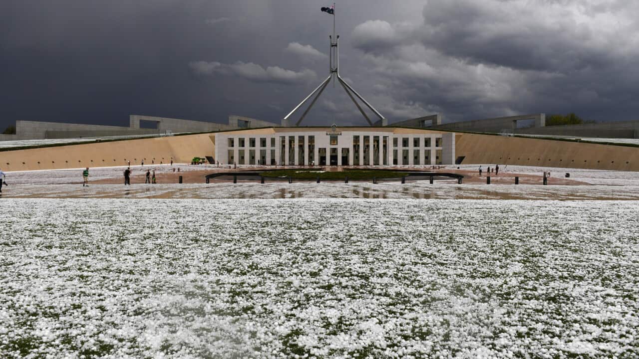 Golf-ball sized hail transforms Parliament House in Canberra