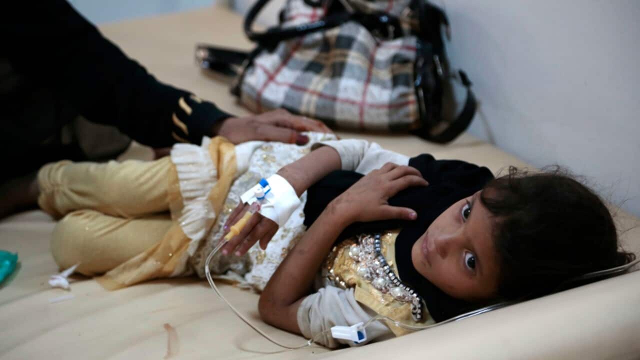 A girl is treated for suspected cholera infection at a hospital in Sanaa, Yemen, Saturday, Jul. 1, 2017.