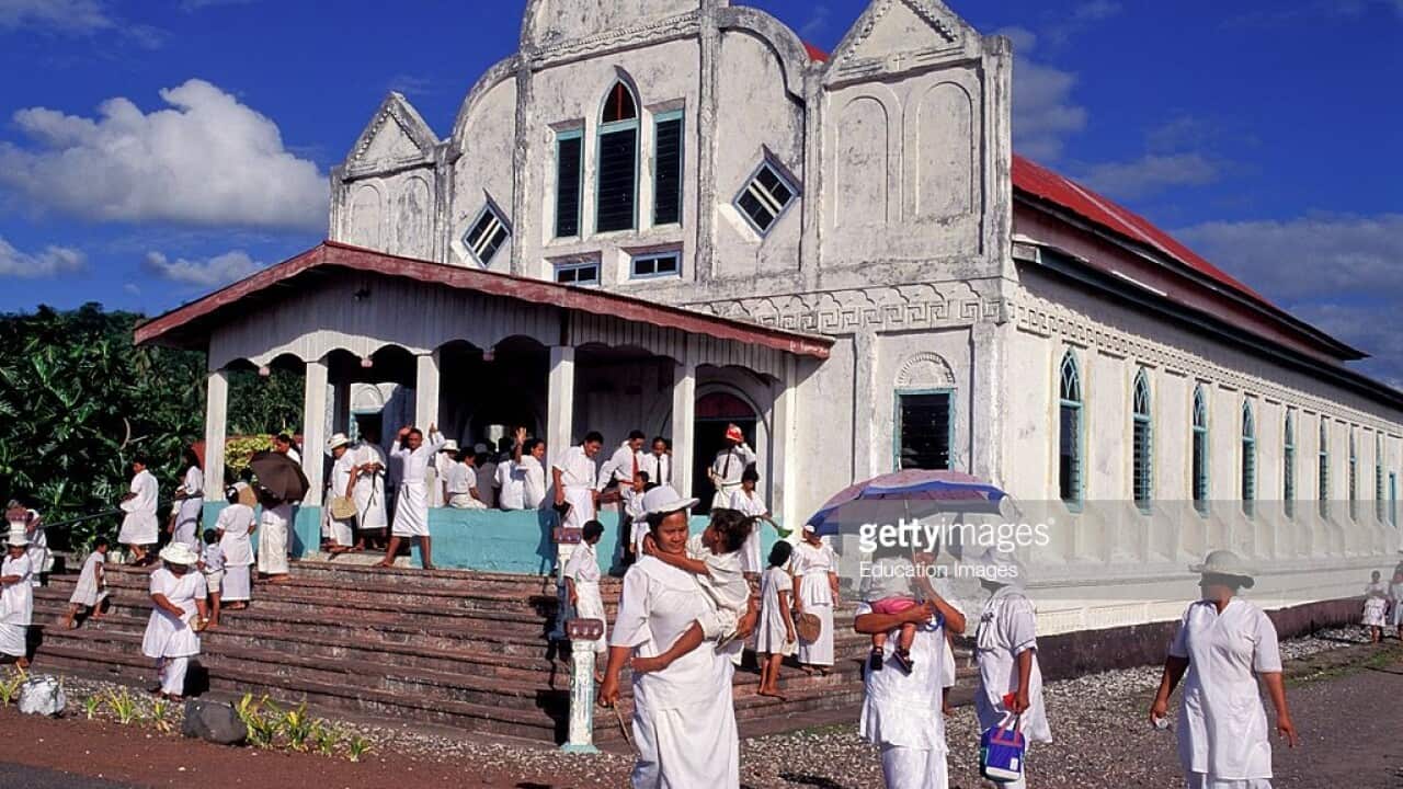 Western Samoa, Island Of SavaiI, Village Of Manase, People Dressed In White, Leaving Church