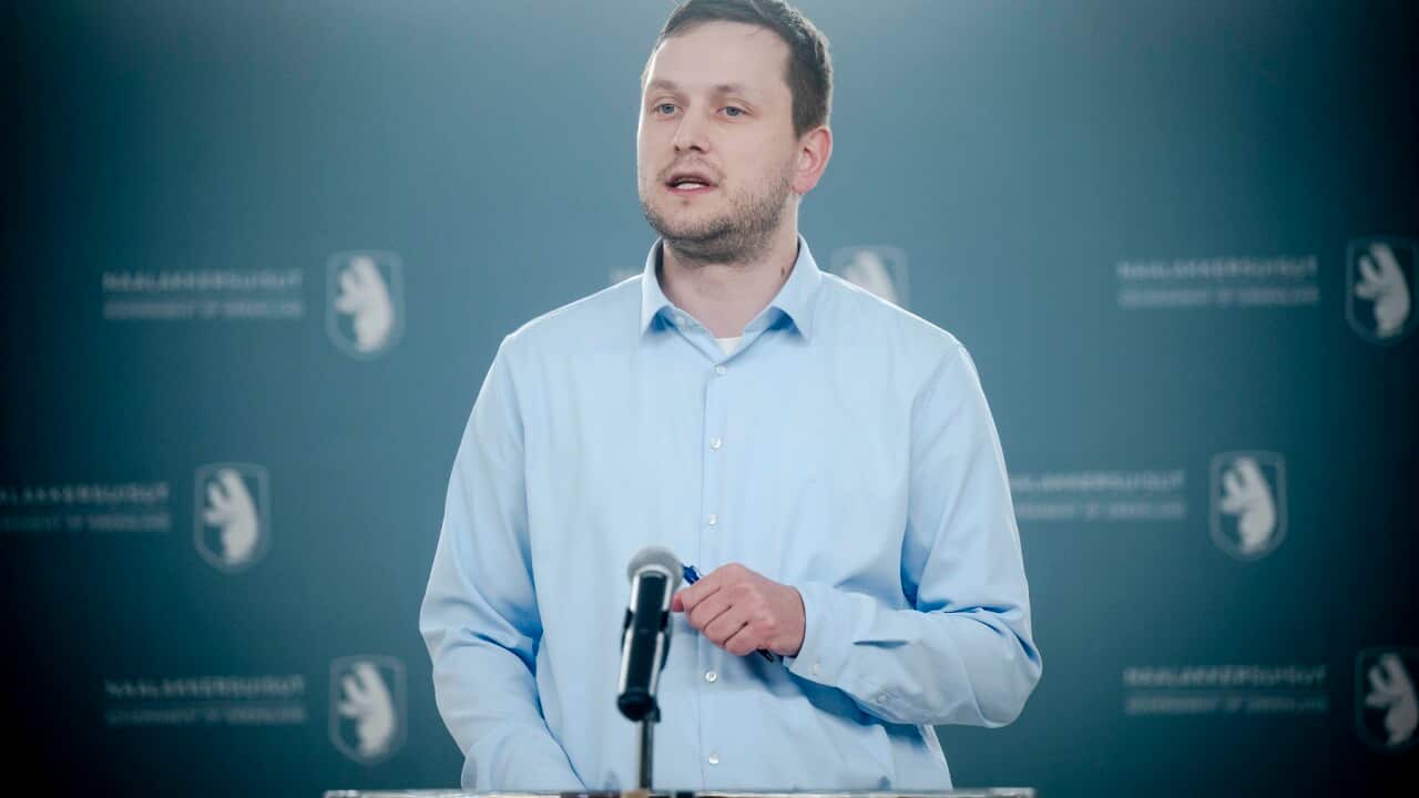 Greenland's Prime Minister Jens-Frederik Nielsen holds a press conference in Nuuk