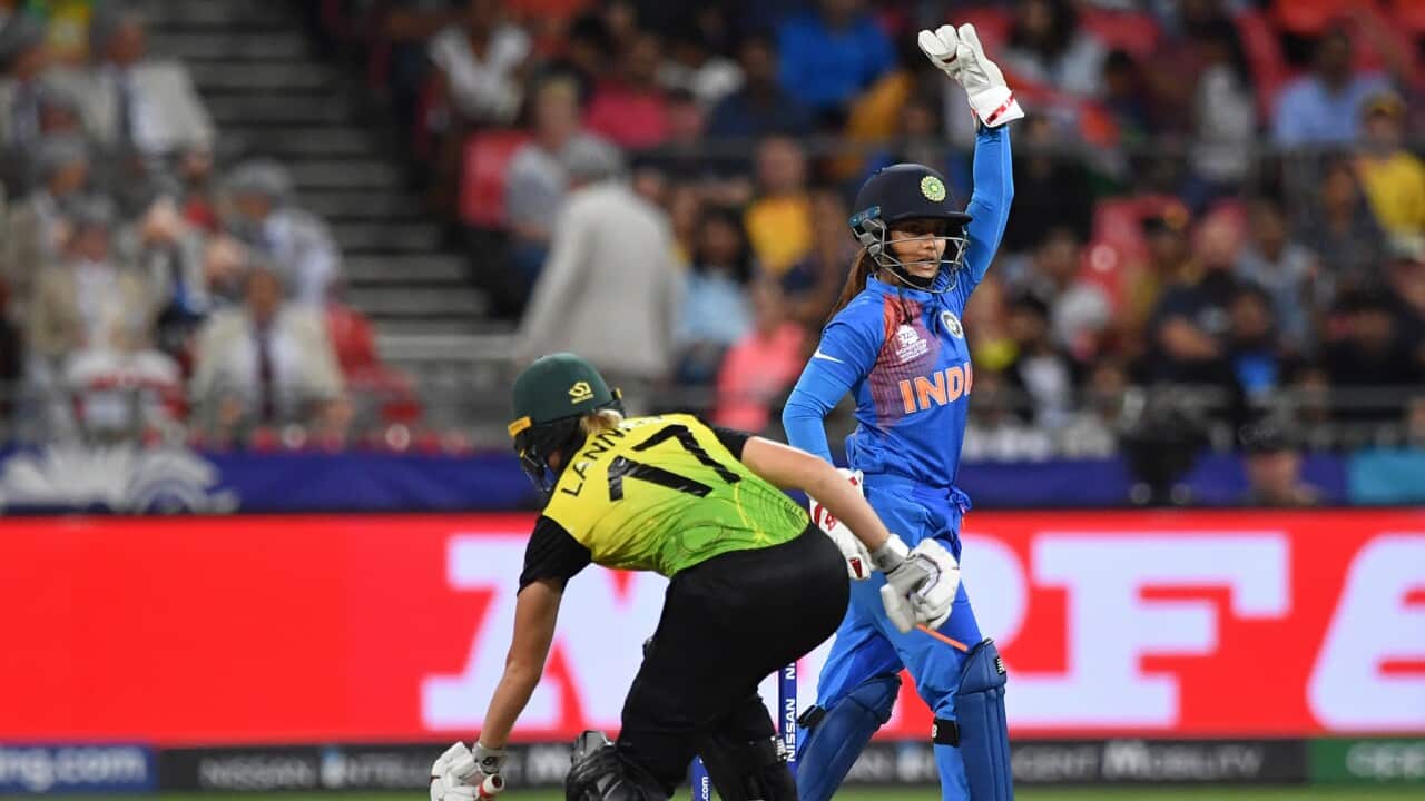 Wicketkeeper Taniya Bhatia of India takes the wicket of Meg Lanning of Australia caught behind