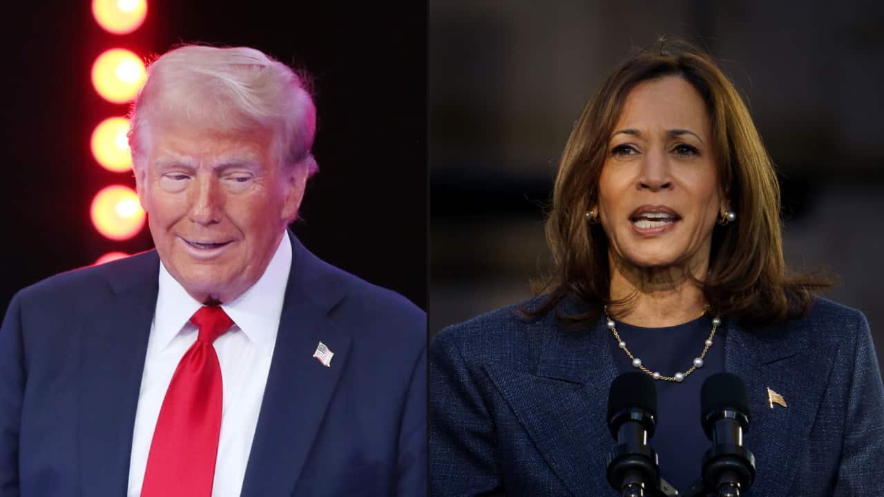 A split image with Donald Trump on the left and Kamala Harris on the right. Both are wearing formal attire and appear to be mid-speech