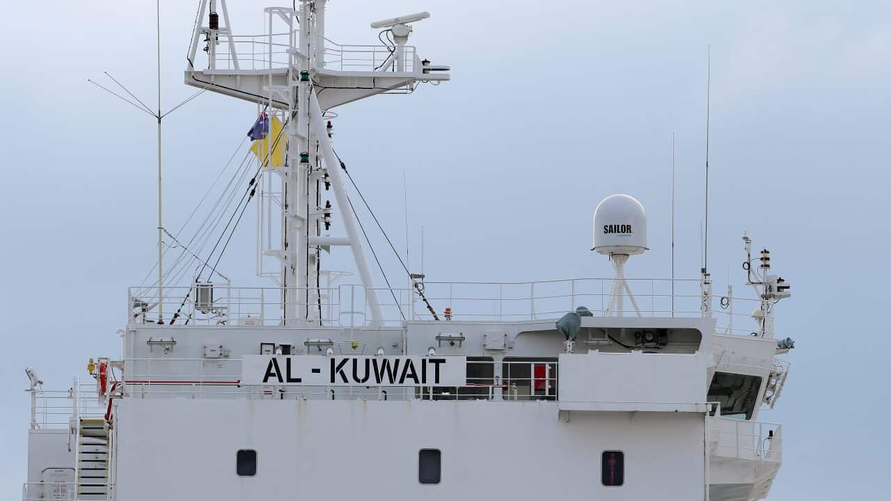 A general view of the Al Kuwait, a live export ship docked in Fremantle harbour on Tuesday, May 26, 2020.