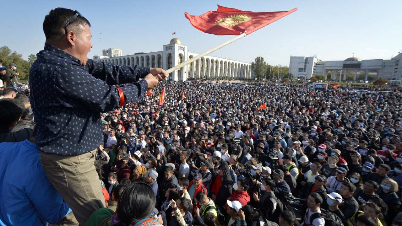 People protest during a rally against the results of a parliamentary vote in Bishkek, Kyrgyzstan.